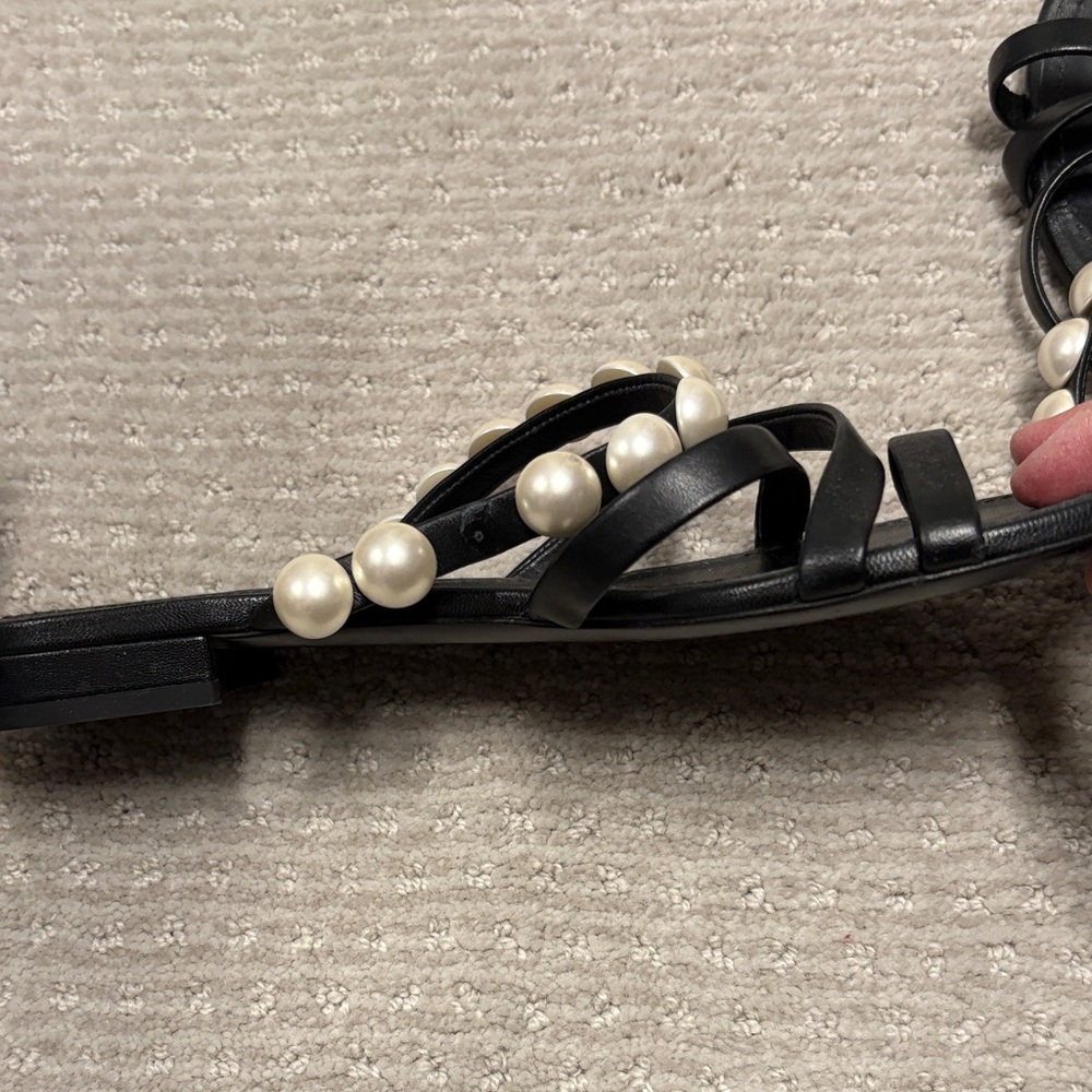 CHANEL Black Leather Pearl-Trim Slide Sandals - Picture 9 of 10